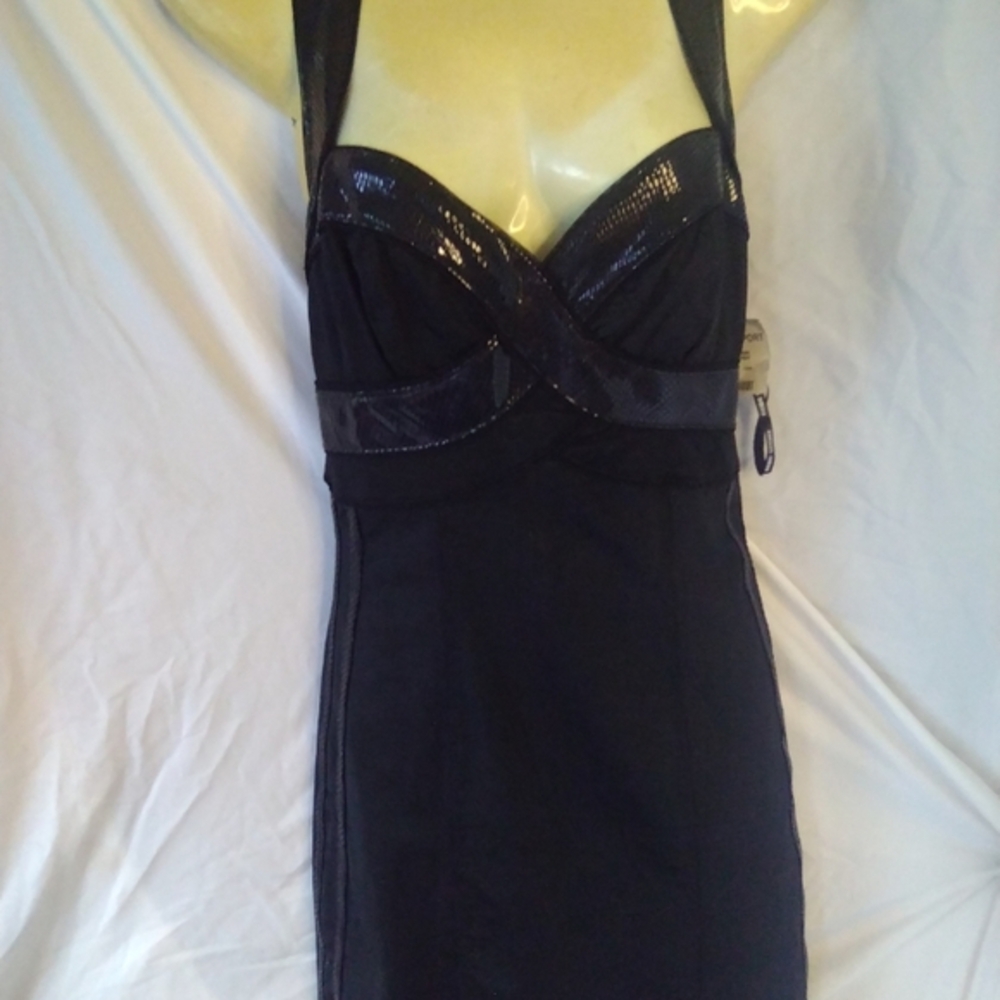New Bebe Black Snake Skin trim Black Dress w/tags, Sm.